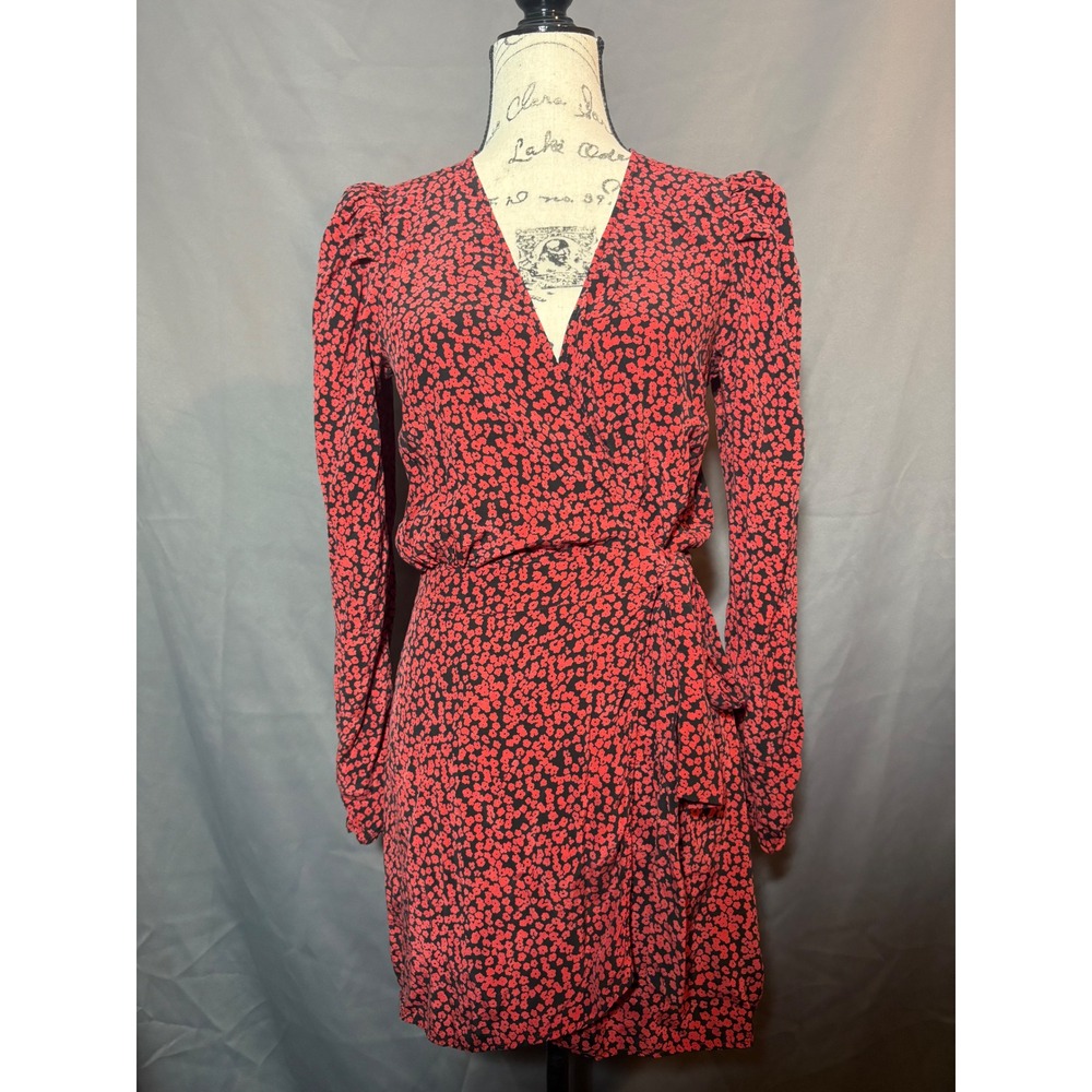 Free People Wrap Mini Dress Womens 4 Red Black Floral Puff Sleeve Good Condition
